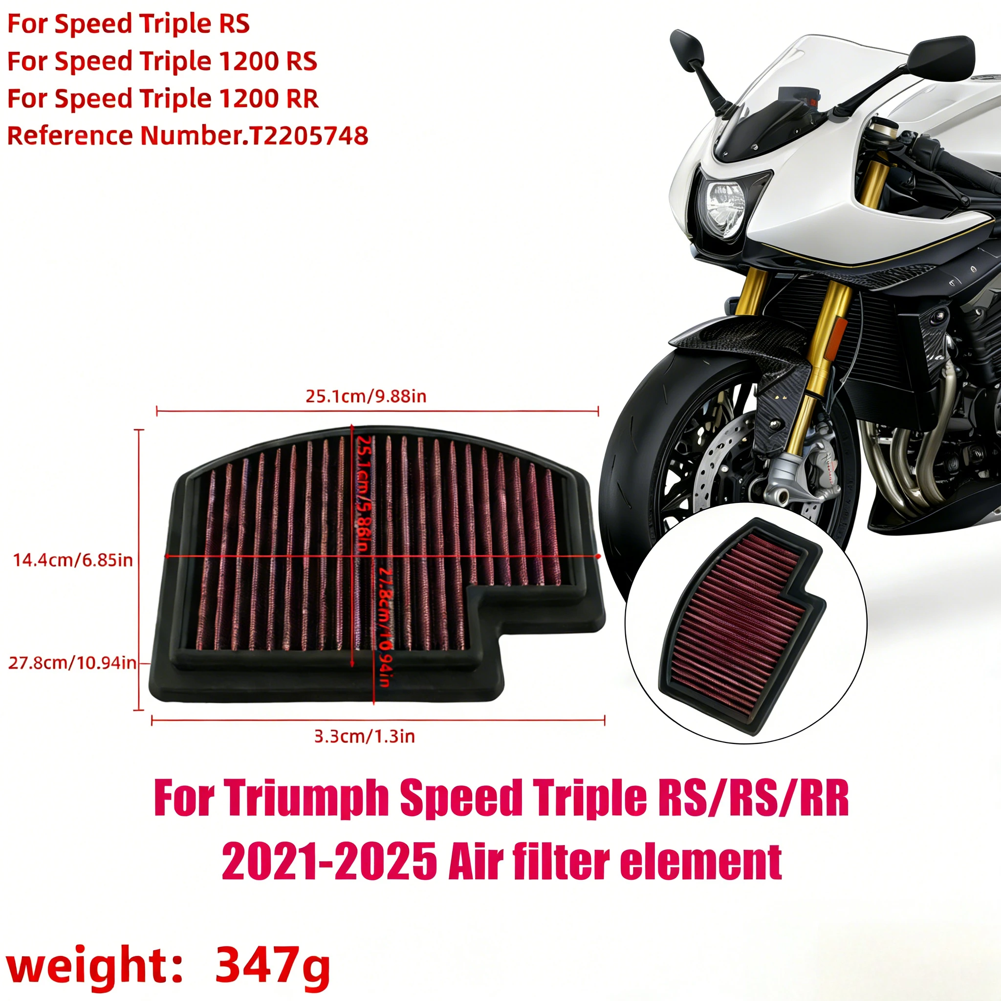 

High Flow Non-woven Fabric Air Filter Element FOR Triumph Speed Triple 1200 RS RR 1200RS 1200RR 2021-2025 For T2205748/TB-1221