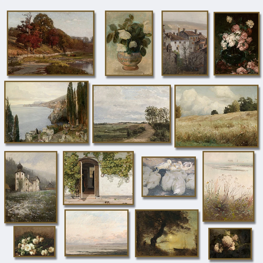 Beach Tree Forest Vintage  Painting on Canvas Poster Countryside Landscape Floral  Antique Gallery Wall Prints Living Room De