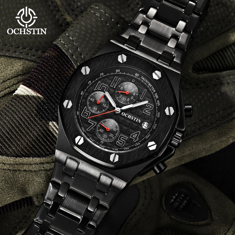OCHSTIN Man Luxury Casual Pilot Series Watch Multifunctional Quartz Movement Stainless Steel Strap Men's Fashion Gentleman Clock