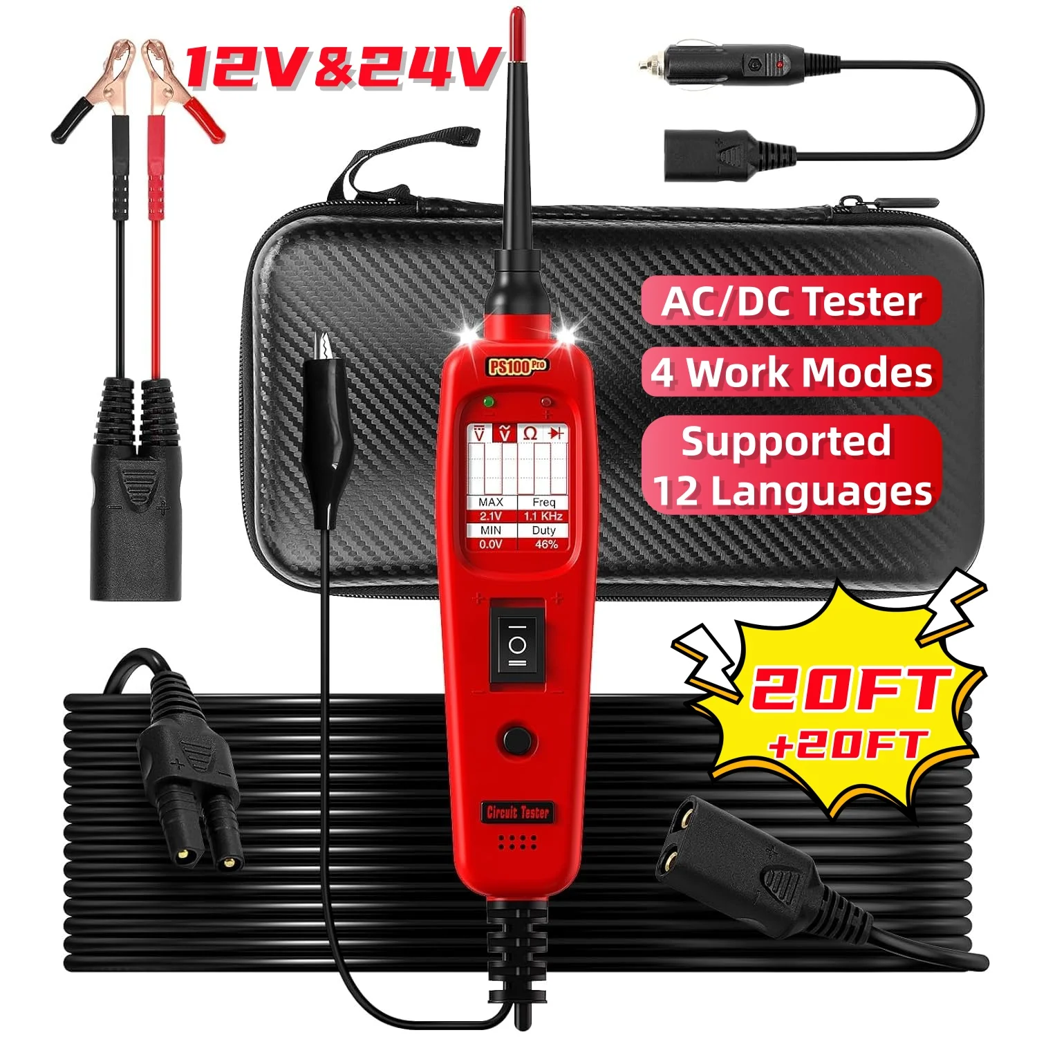 Automotive Circuit Tester PS100PRO Short Finder, 12V/24V Power Circuit Probe, AC/DC Voltage Tester, 40FT Cable Diagnostic Tool