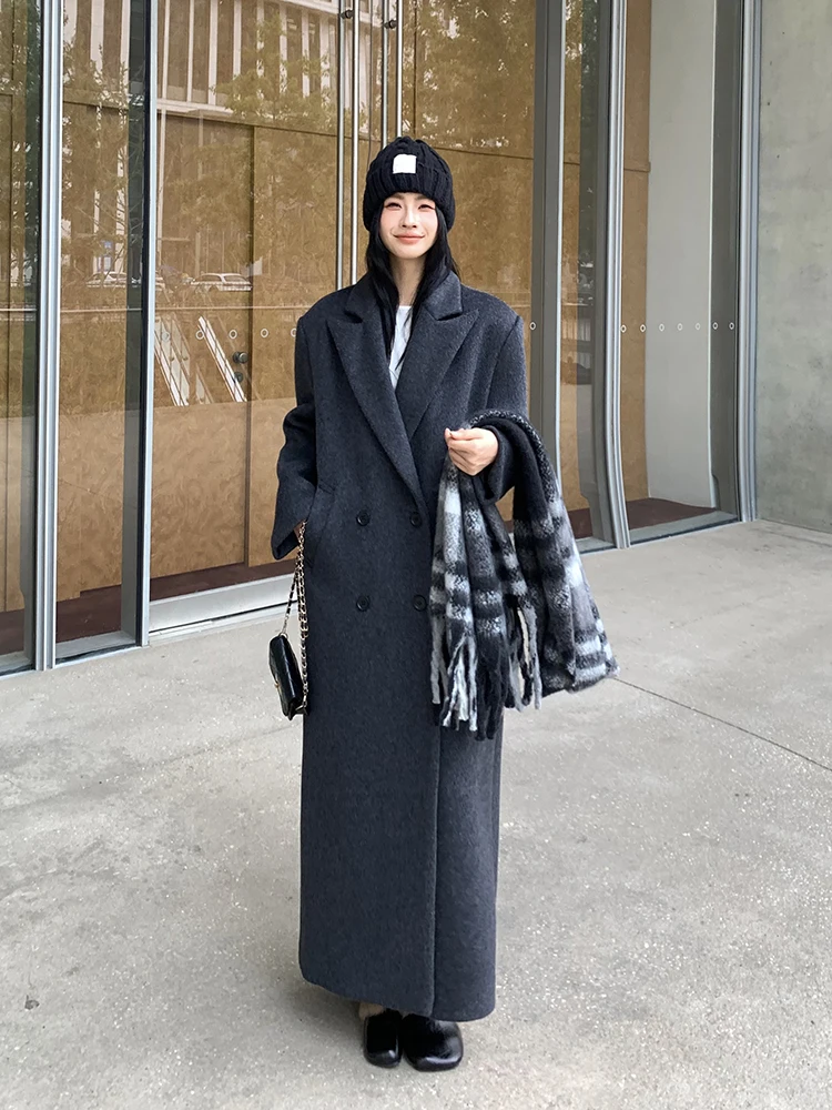 

Goodbye Bear Long Woolen Coat Women's Autumn Winter Loose High-End Feel Aosphere Woolen Coat Double Breasted Long Sve