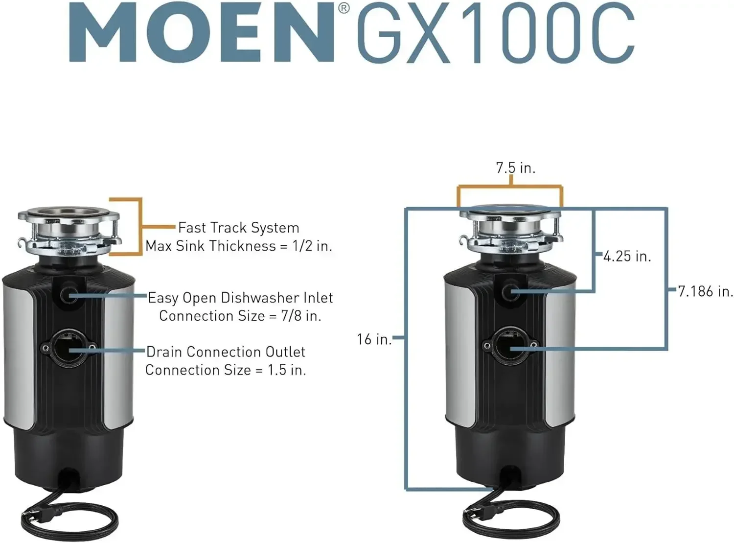 Moen GX100C Chef Series 1 HP Continuous Feed Garbage Disposal with Sound Reduction, Disposer Power Cord Included