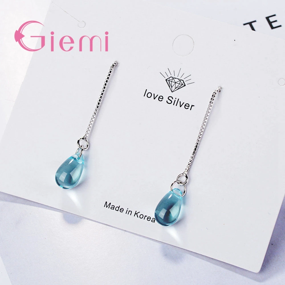 Elegante 925er Sterlingsilber-Wassertropfen, blauer Kristall, lange Kette, Tropfenohrringe für Frauen und Mädchen, Hochzeit, Party, Modeschmuck, Geschenke