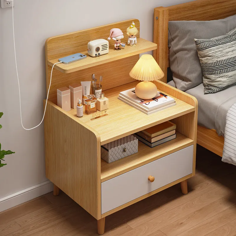 Mesita de Noche Moderna de Madera con Cajones de Lujo, Librero Móvil para Dormitorio, Organizador de Mesita de Noche, Muebles de Tendencia
