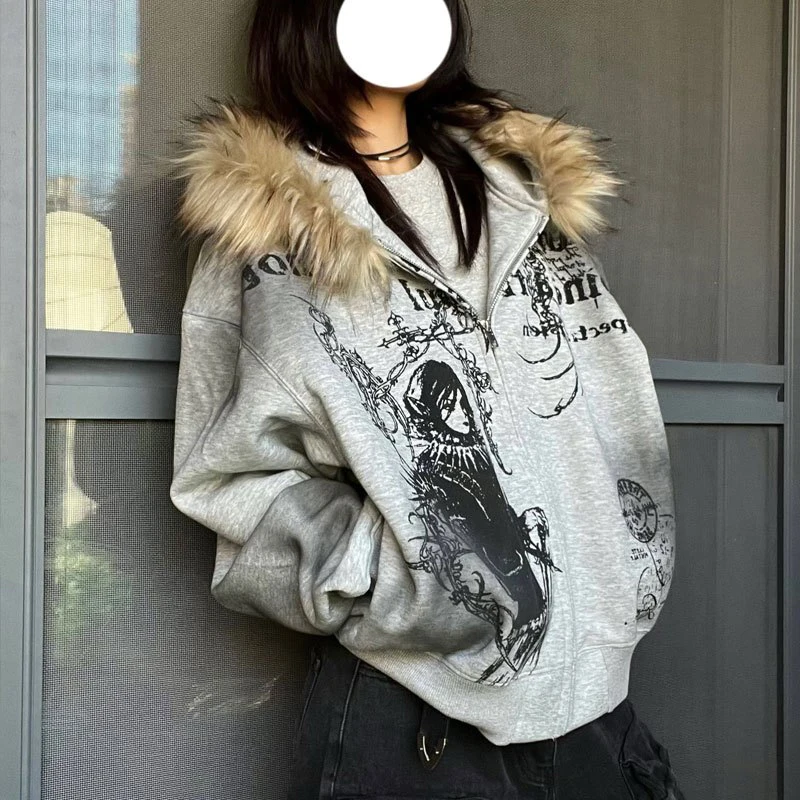 

Harajuku Y2K Fleece Print Hoodies Women Fur Collar Patchwork Hooded Sweatshirts Winter Grunge Aesthetic Oversized Zip Up Jackets
