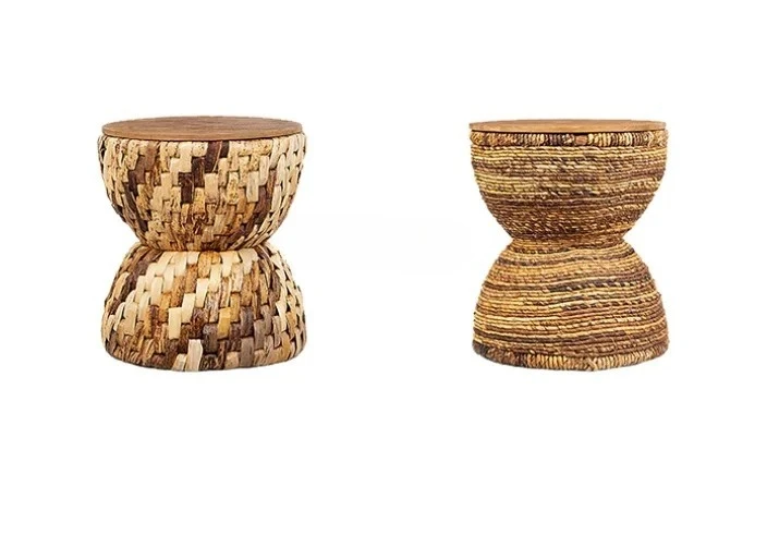 

A15 Imported Hand-Woven Rattan Small Stool Old Teak Solid Wood Dining Stool Small Coffee Table round Stool Southeast Asian Styl