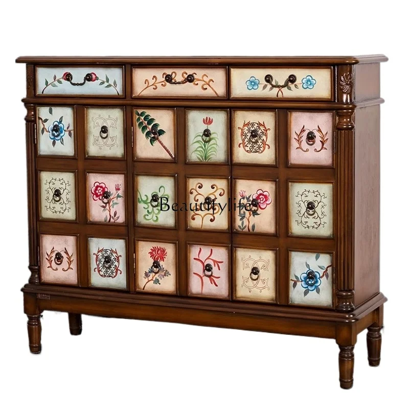 

American solid wood retro solid wood painted multi-layer shoe cabinet matching shoe change stool dining side entrance cabinet