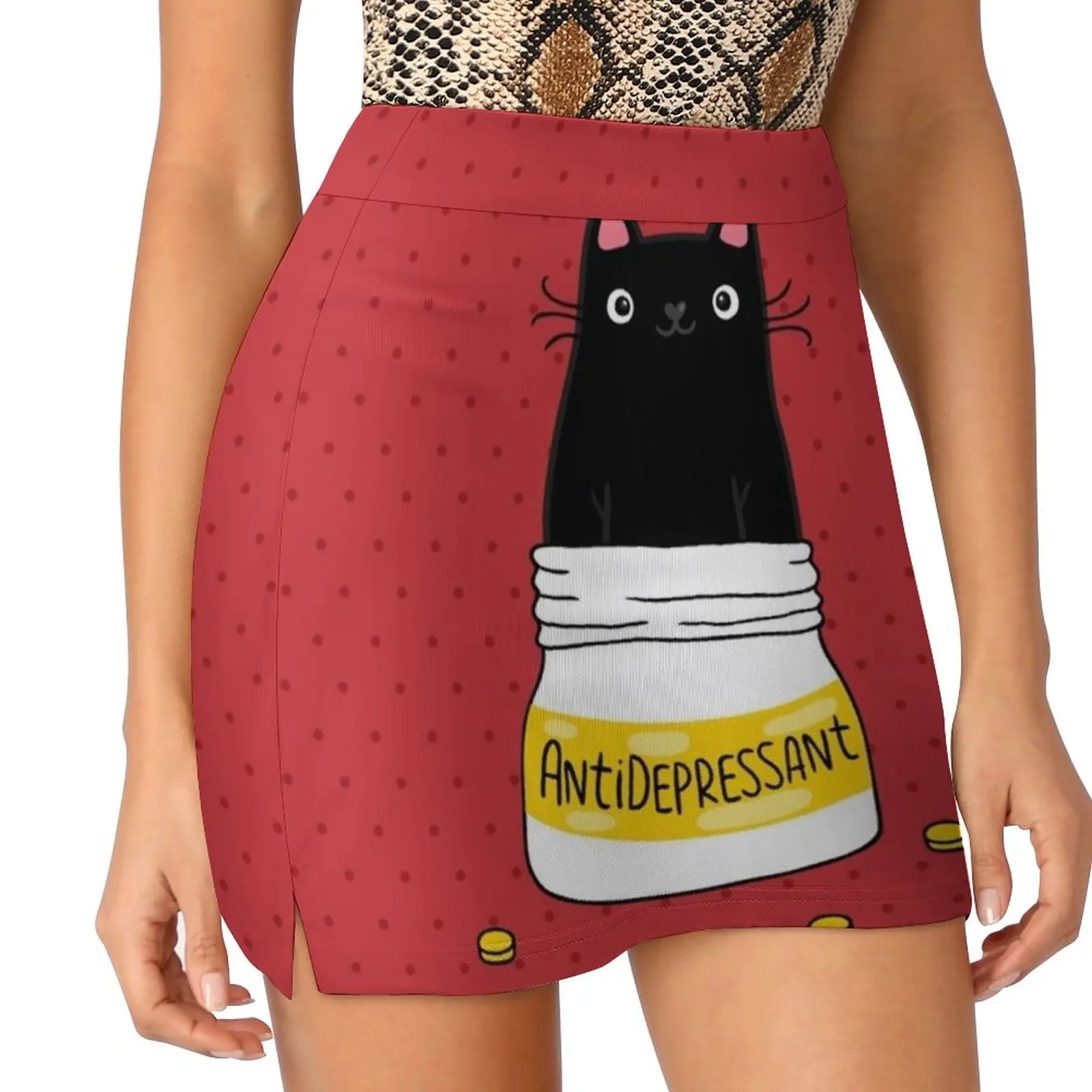 Antidépresseur de fourrure. Illustration de chat noir mignon. Mini-jupes de bureau pour femmes, jupe courte, pantalon, mode, cadeau, 2022