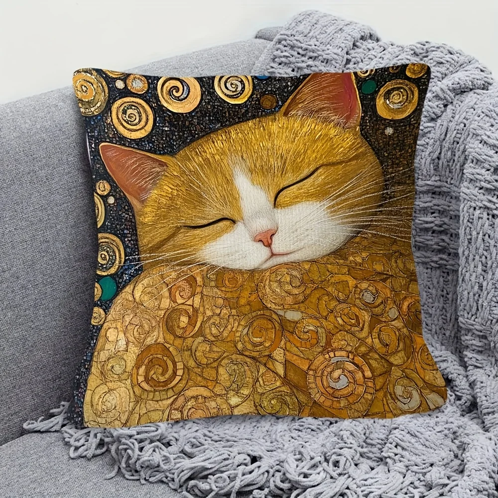 2D Flat Vintage Art Nouveau Sleeping Ginger Cat Throw Pillow Cover Decorative Cushion Case For Home Bedroom