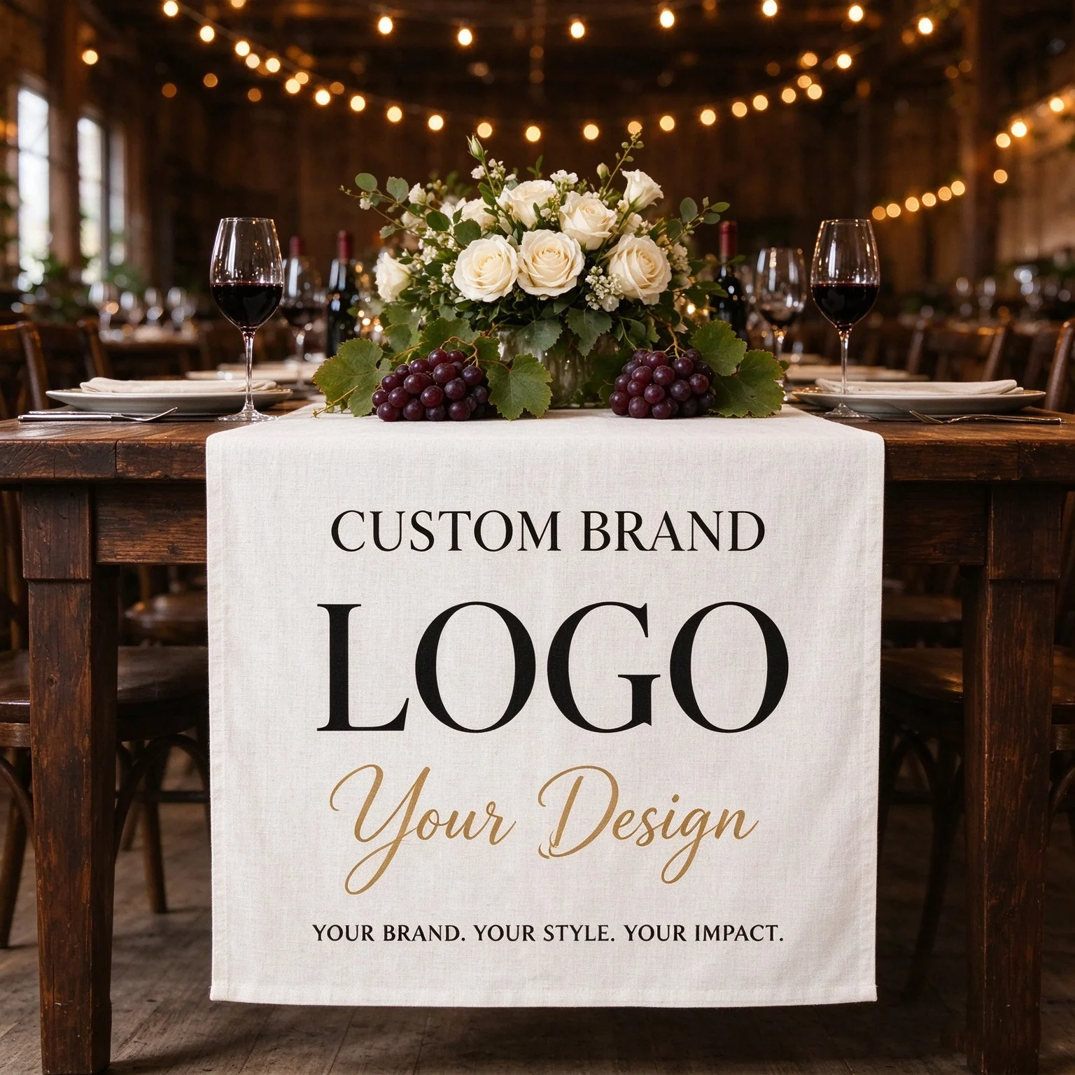 Custom-made branded tablecloths and table skirts featuring personalized logo printing—an ideal choice for trade show booths, eve
