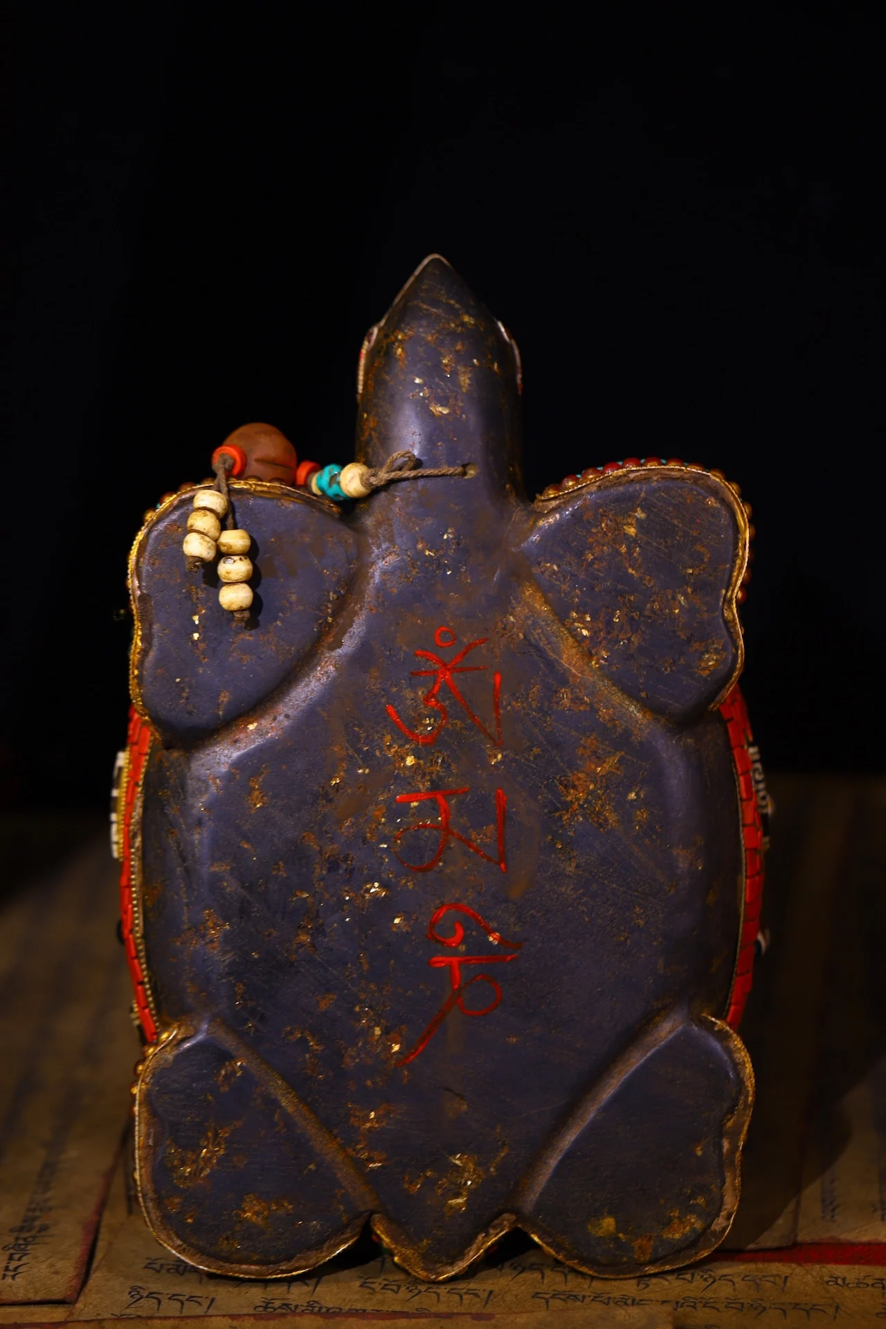 

10"Nepalese folk Old Meteorite Mosaic Gem gZi Beads Turquoise Vajra Old Turtle Statue Buddha Card Pendant Amulet