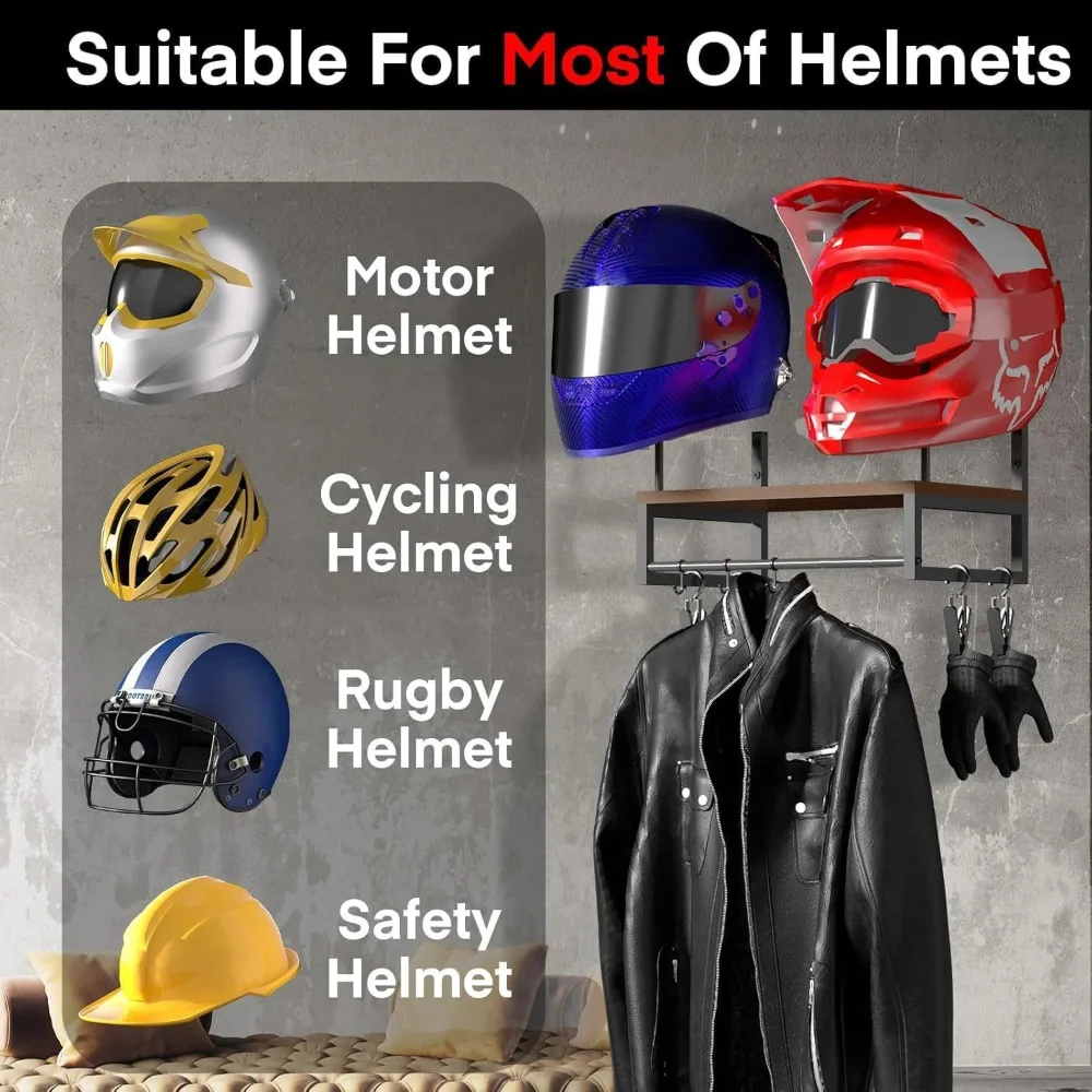 Motorcycle Helmet Holder Wall Mount Durable Wooden Motorcycle Helmet Rack Stand Display Multi-function Helmet Hanger Accessories