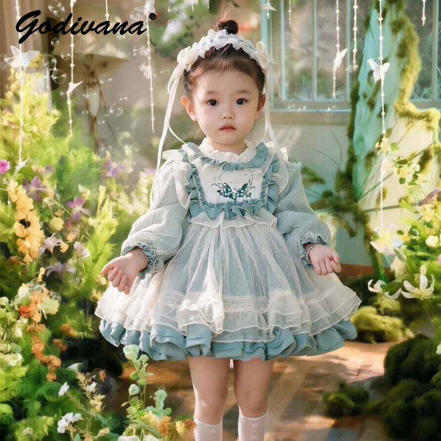 Original Vintage Baby Girls Birthday Party Princess Lolita Dress Kids High End Embroidery Lace Trim Mesh Long Sleeve Ball Gown