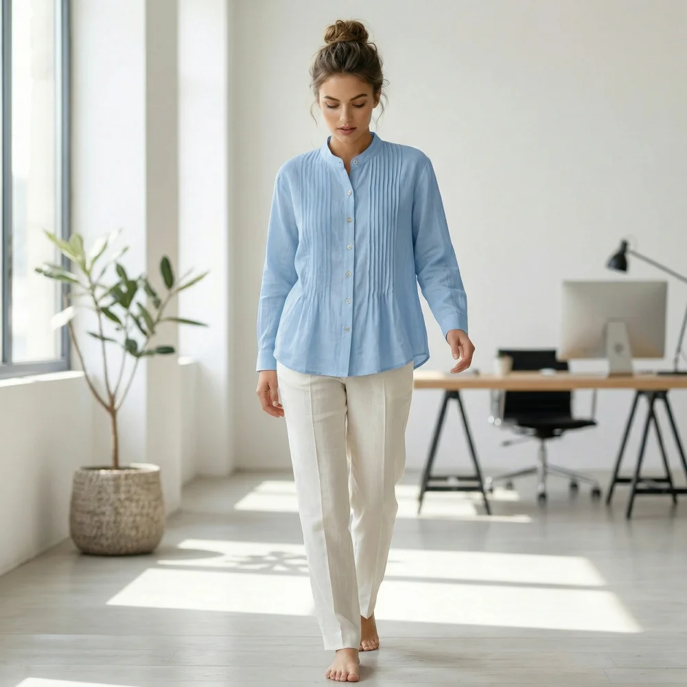 

Дышащая женская рубашка с длинным рукавом, топ с воротником-стойкой, однобортная блузка на пуговицах для работы, вечеринок и свиданий