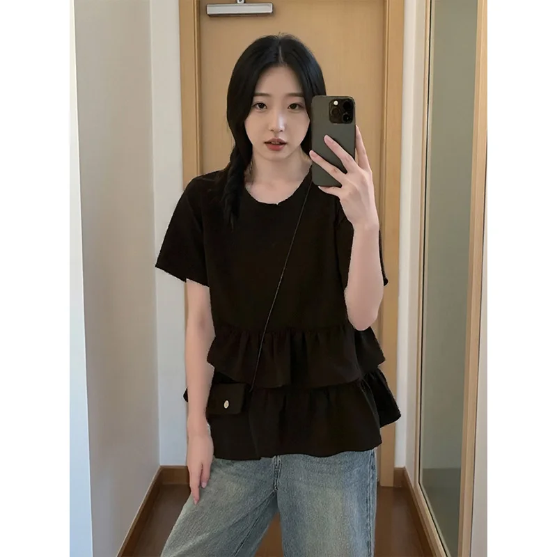 Plus size, women's front shoulder T-shirt for summer, loose fit and slimming, covering the belly with ruffled edges, top 3512