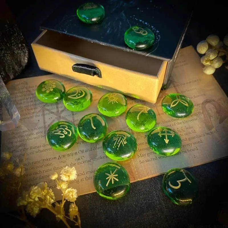 31BE 13Pcs Divination Runes Stone Glass Runes Signs Roundels Stone for Meditations