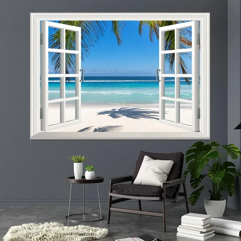 Maldives Beach 3D Window Effect Landscape Poster Print Northern Lights Forest Lake Wall Art Canvas Painting for Room Home Decor