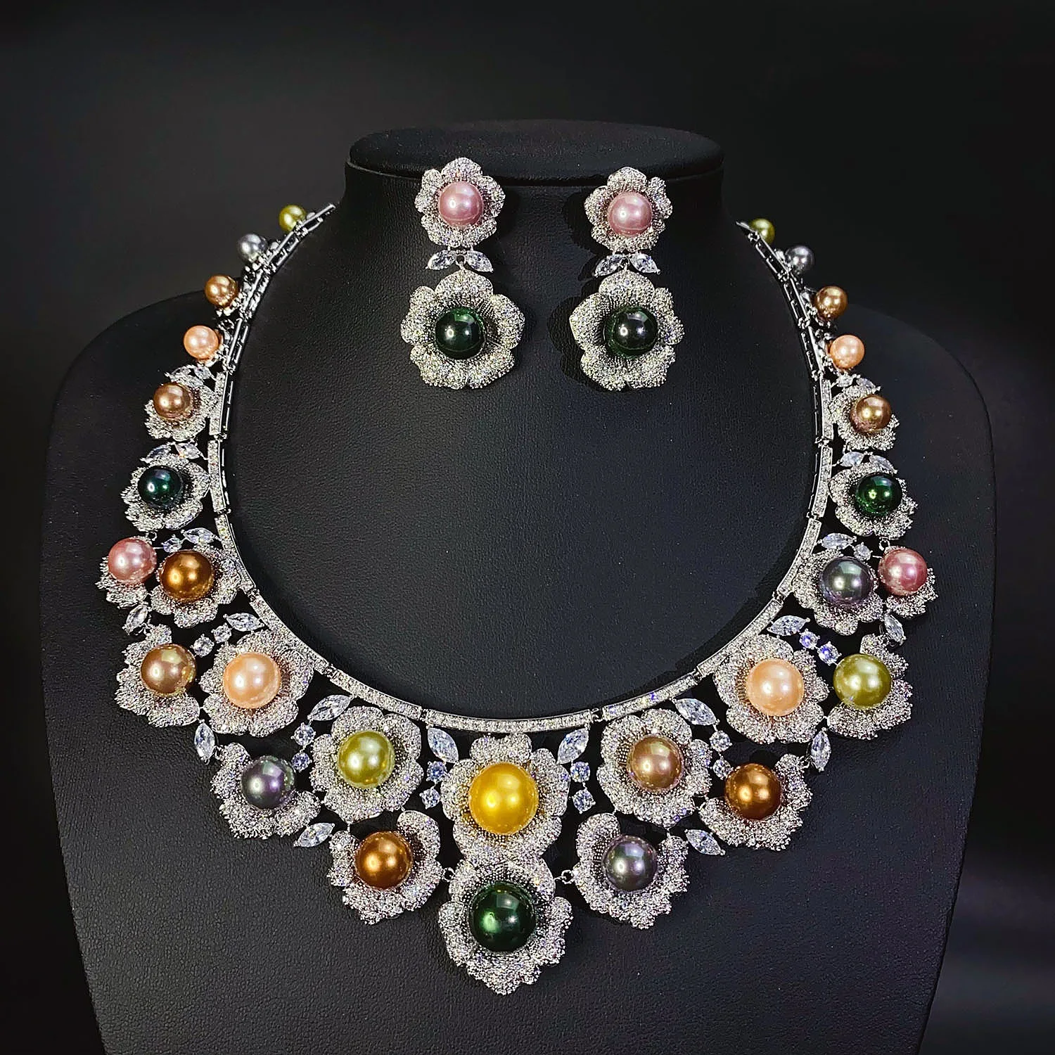

Gorgeous jewelry sets wedding bride flower pearls shiny zirconia gold silver color dinner party anniversary gift jewelry set
