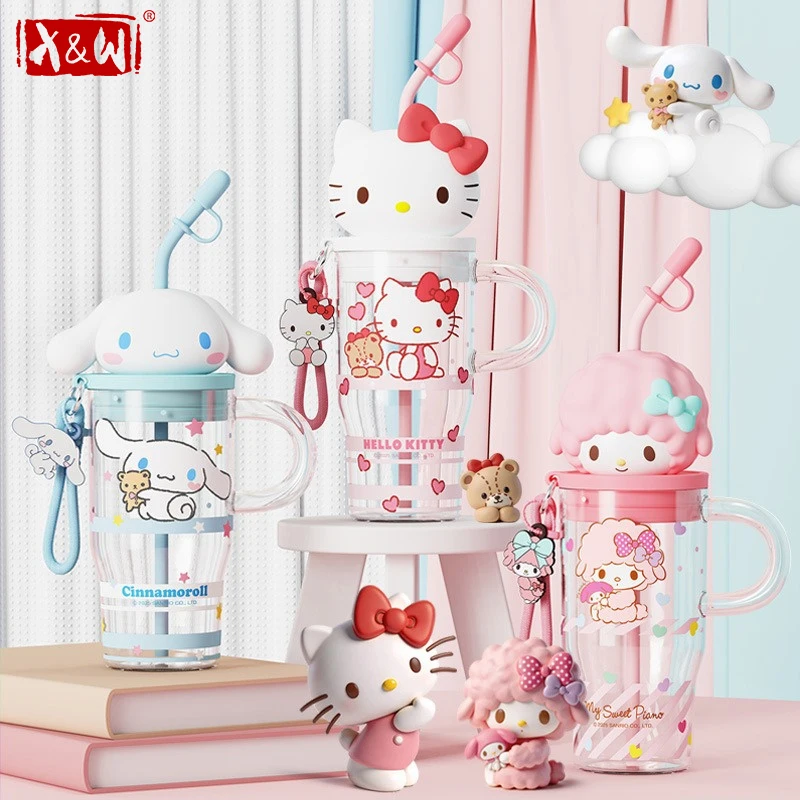 X&W Sanrio Hello Kitty Large Capacity High Beauty Female Straw High Borosilicate Glass Portable Handle Desktop Water Cup