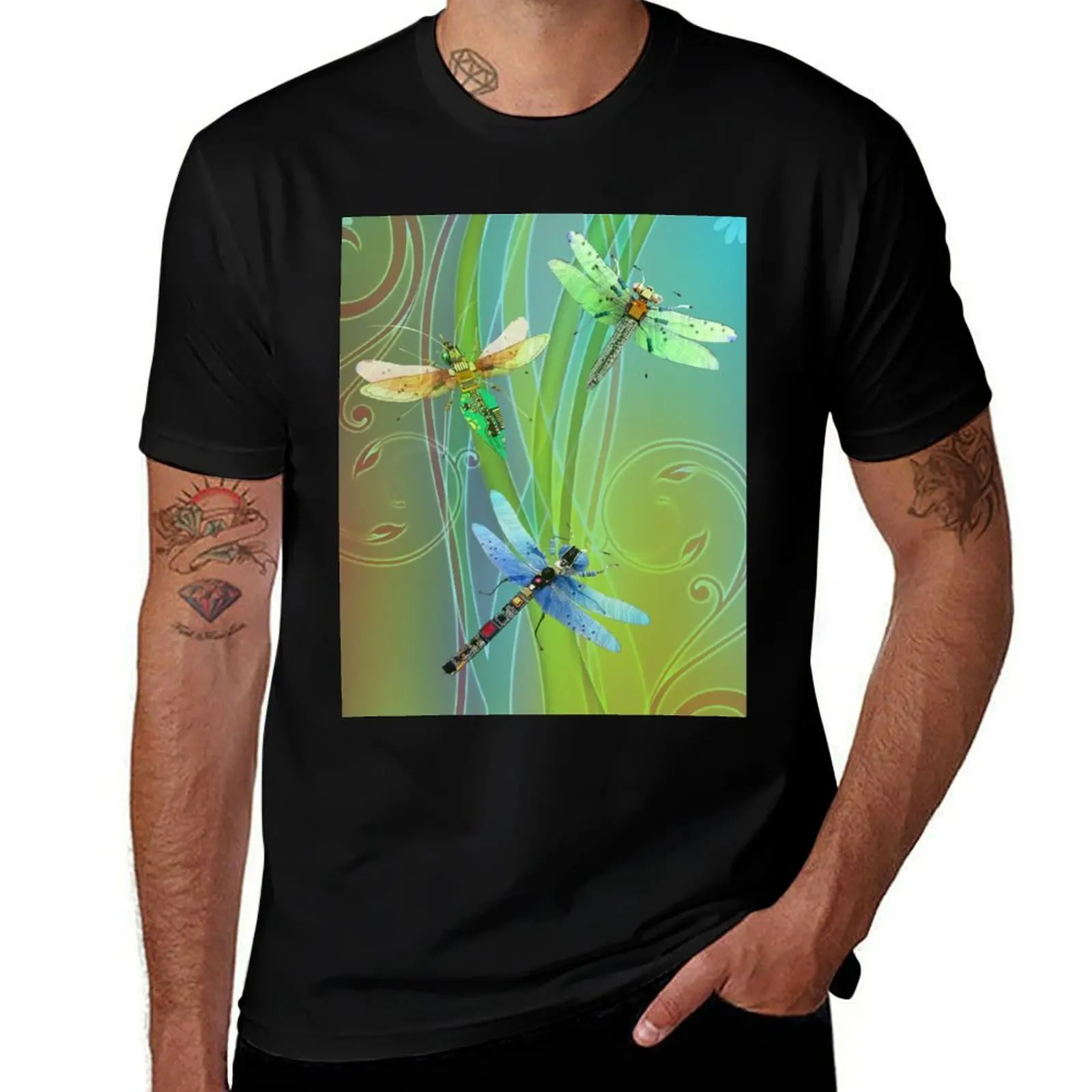 Meadow Dragonflies, Fantasy Circuit Board Insects T-Shirt Anti-Fade Casual Tee Shirt T-Shirt