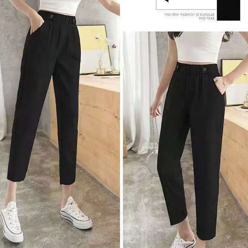 Summer Thin Women\'s Casual New Ice Silk Cotton Hemp Cropped Trousers Solid Color Loose and High Waisted Versatile Harlan Pants