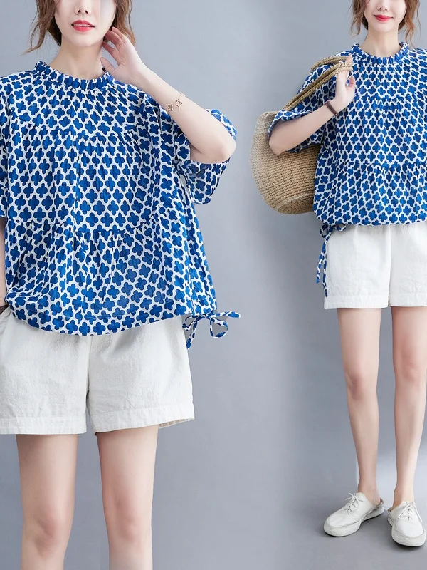 التخسيس مطبوعة فضفاضة ort Sve irt Dstring أعلى إخفاء اللحوم حجم كبير المرأة الصيف Faion بلوزة مريحة غير رسمية #4