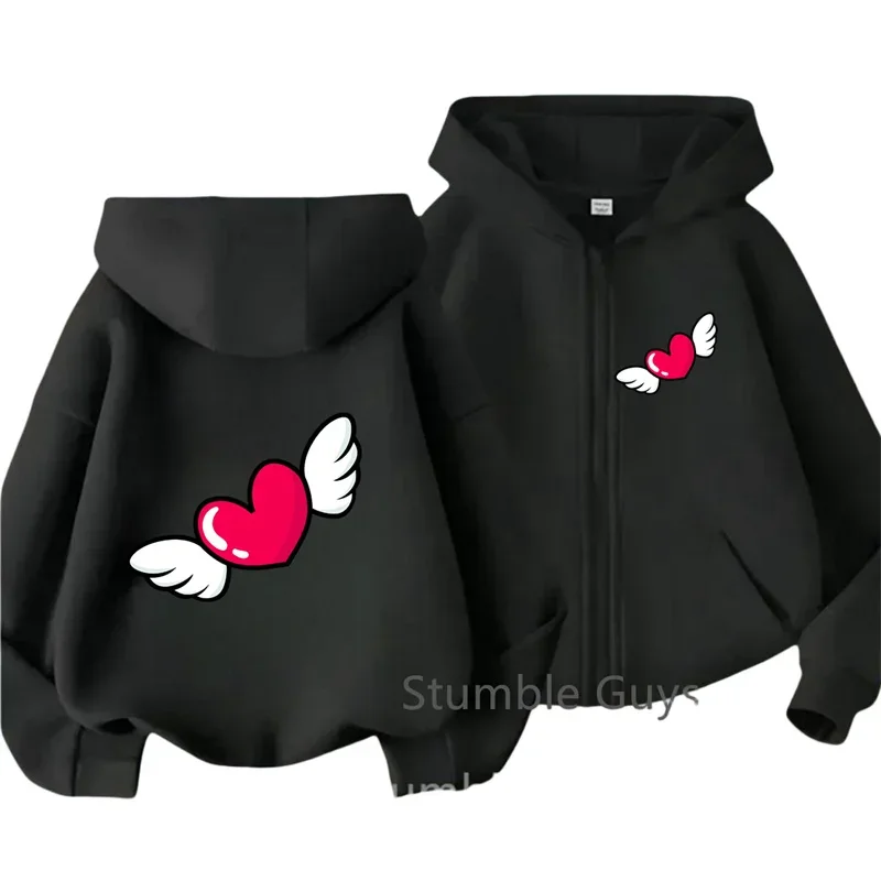 Winged Red Heart Front Back Graphic Zip Up Hoodie For Kids Long Sleeve Loose Casual Warm Daily Outerwear Boys Girls Cartoon Jack
