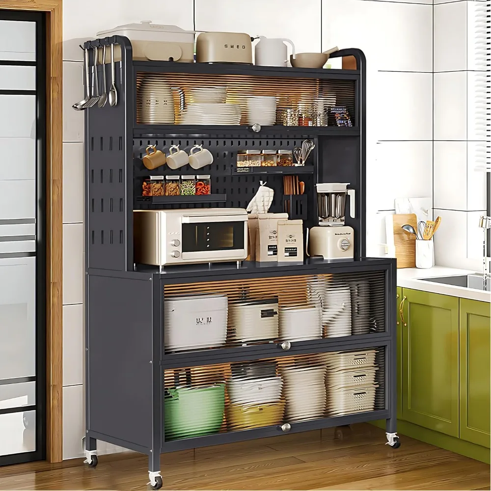 

63" Kitchens Storage Cabinets, 5 Tier Bakers Racks for Kitchens with Clear Doors and Adjustable Shelves, Microwave, Customized
