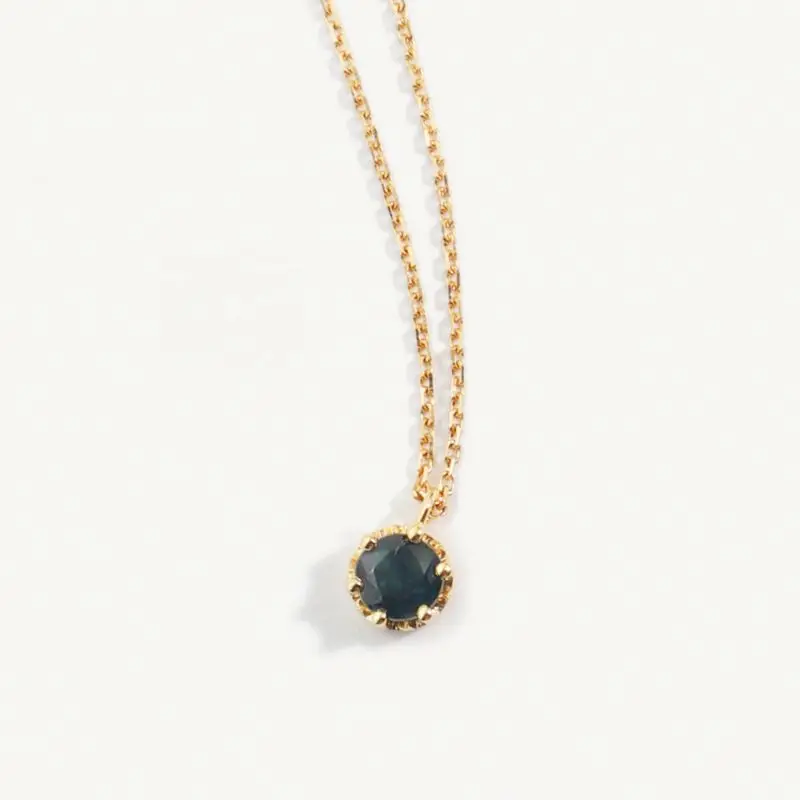 Chris April Solid Gold Round Natural Blue Sapphire Pendant Necklace