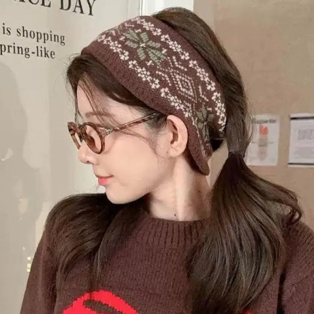 

Французская жаккардовая вязаная повязка для волос, осень-зима, утепленные теплые ленты для волос, модная эластичная широкая повязка для волос, вязаные аксессуары для волос