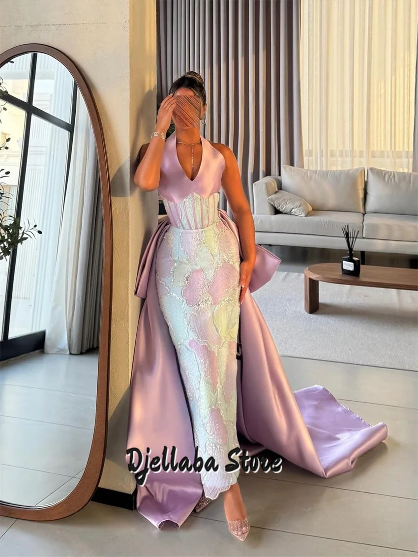 Nouveau brillant violet perlé bretelles licou robes de soirée 2025 femmes dubaï brillant longue robe de soirée robes personnalisées