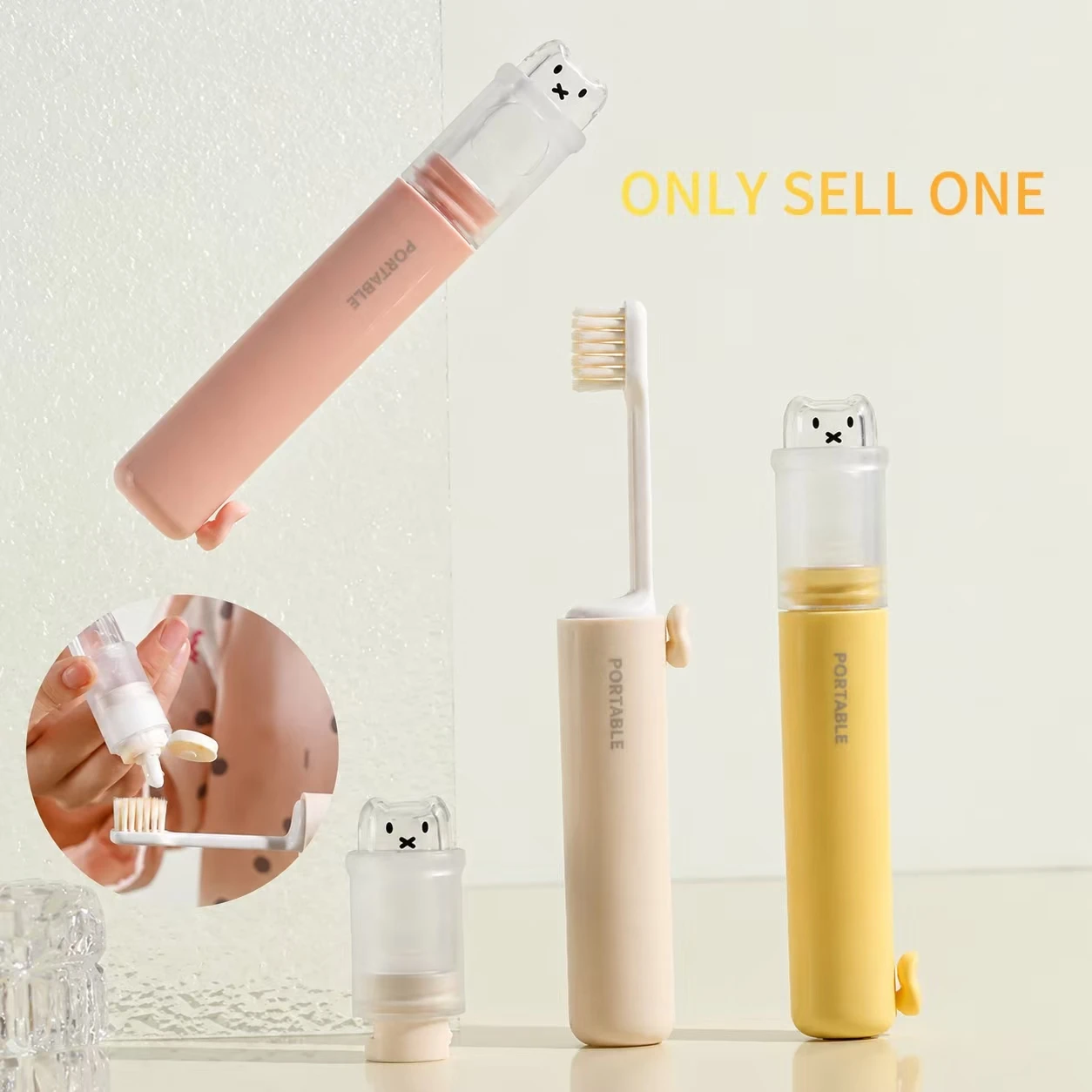 2-in-1 Portable Toothbrush Built-in Toothpaste Tube, Mini Dustproof Oral Care Brush for Travel Camping Trip