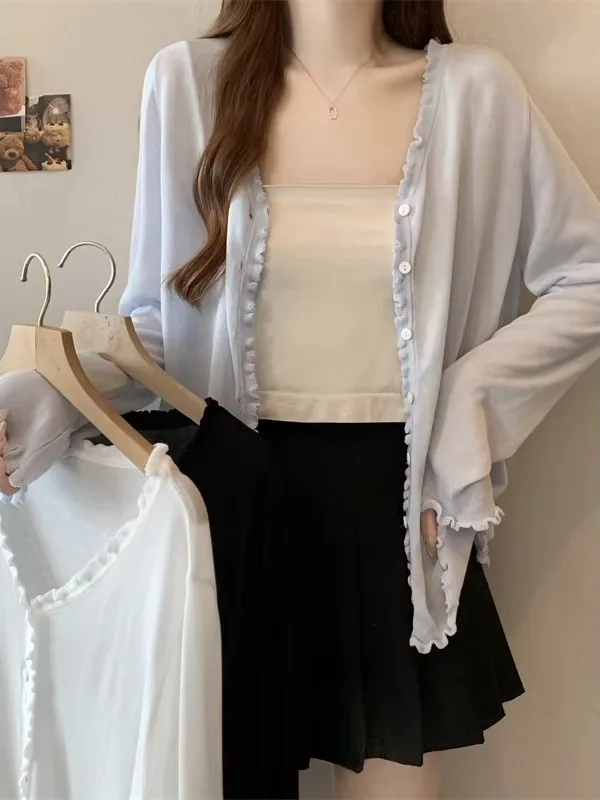 

plus Size Women's Knitted Long Sve V-Ne Cardigan Soft Sle Wooden Ear Fene Slimming Versatile Sun Protection S...