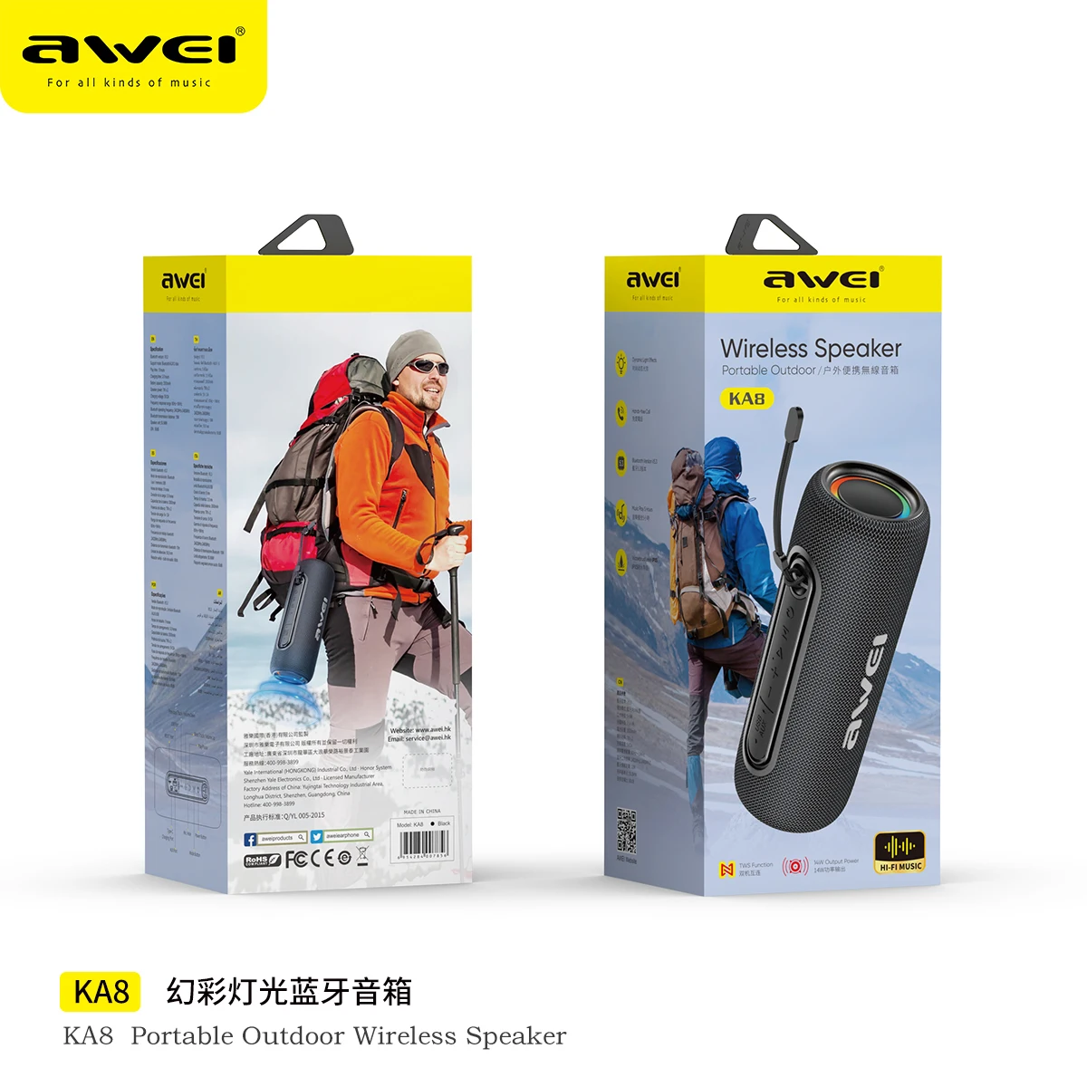 Awei KA8 Bluetooth TWS Speaker Dual Speaker Stereo LED Flashing Outdoor Waterproof Speakers 2000mAh Subwoofer With AUX Line