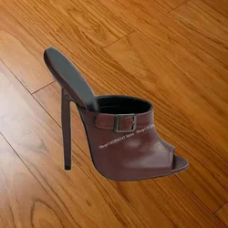 Brown Slip On Buckle Leather Sandals Peep Toe Thin High Heel Fashion Sexy Shallow Summer Big Size Woman Shoes Zapatillas Mujer