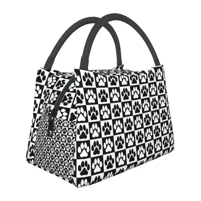 Cats Footprint Checkerboard Insulated Lunch Tote Bag for Women Checkered Cooler Thermal Bento Box Outdoor Camping Travel