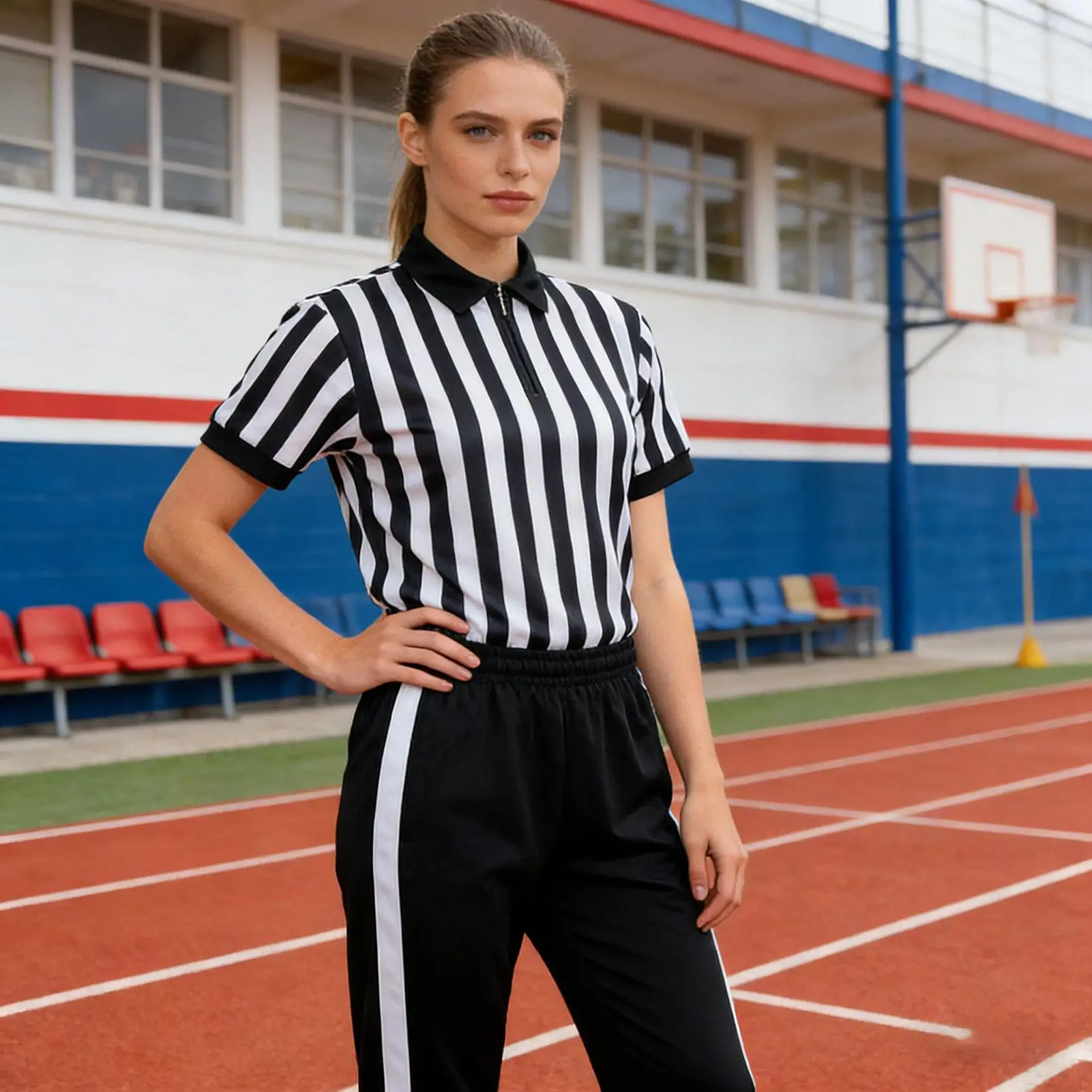 

Referee Shirt Black White Stripes Uniform Costume Short Sleeve V-Neck Football Referee Shirt with Pants for Soccer Basketball