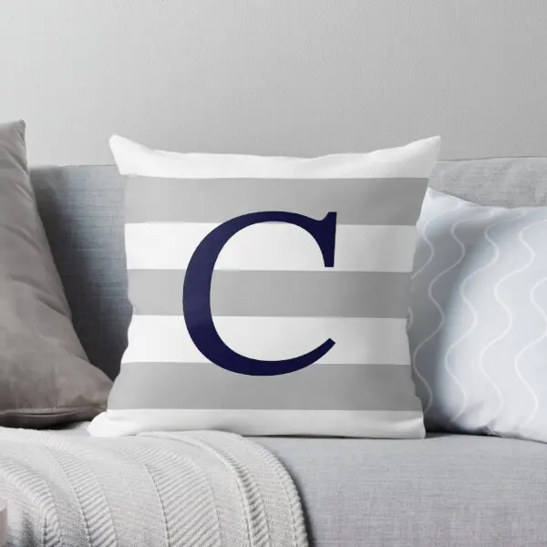 Silver Gray Stripes Navy Blue Monogram C  Printing Throw Pillow Cover Soft Throw Office Decor Pillows not include One Side