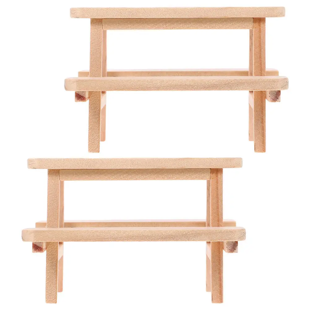 

2Pcs Wood Miniature Picnic Table Dollhouse Furniture Accessories Mini Wooden Table Chair Set for Bedroom Kitchen Living Room