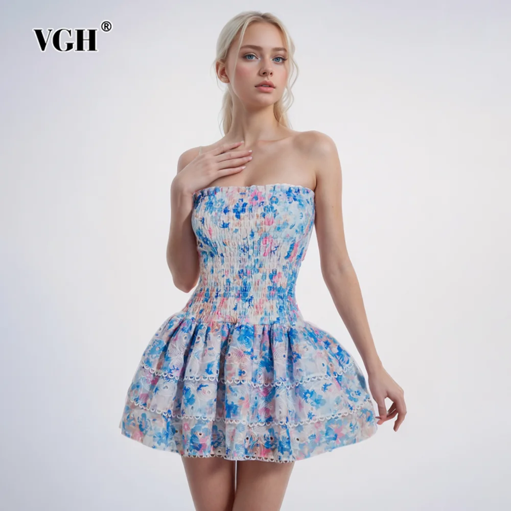 

VGH Hit Color Floral Printing Backless Dress For Women Strapless Sleeveless High Waist Temperament Slimming Mini Dresses Female