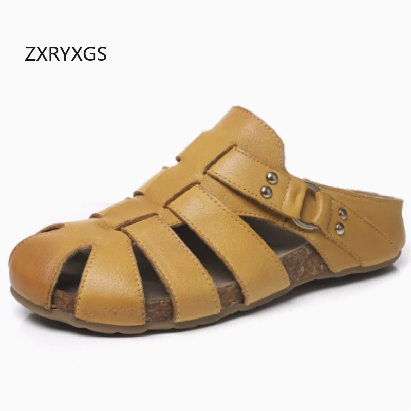 

ZXRYXGS Top Layer Cowhide Women's Flat Slippers 2026 New Summer Hollow Genuine Leather Slippers Breathable Outdoor Wear Slippers