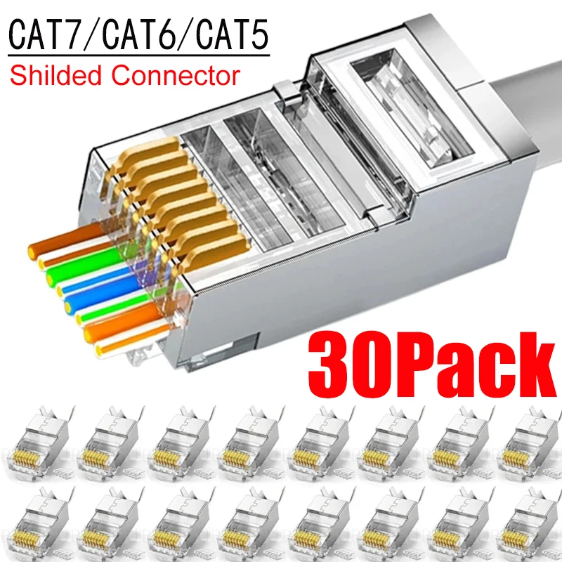 1/10/30Pcs RJ45 Cat7/Cat6/Cat5 Ethernet Cable Shielded Connectors Crystal End Gold-Plated 8P8C Crimp UTP Ethernet Modular Plug