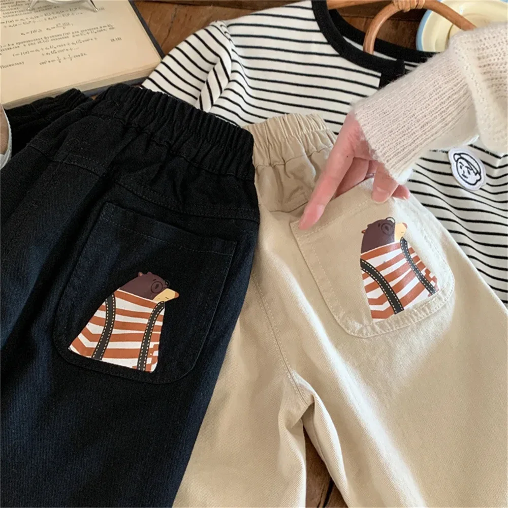 الخريف الفتيان البيج الأسود بانت لملابس الأطفال 2025 جديد طفل أطفال عادية الكرتون نمط بنطلون 1-8 سنة