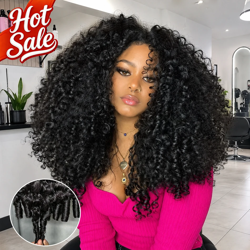 Burmese Curly Half Wig Human Hair for Black Women Spiral Curl Ends Glueless Wear & Go Drawstring Wig 200% Density Flip Over Beginner Friendly No Glue No Sew Natural Black