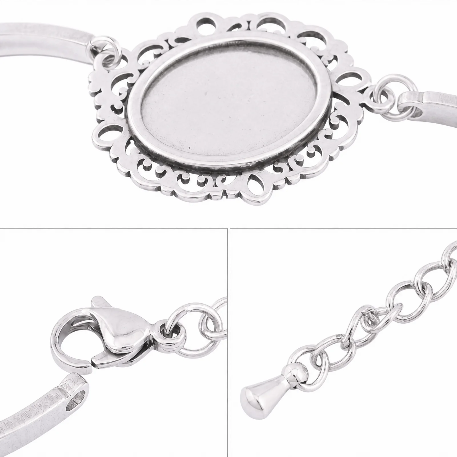 3pcs Stainless Steel Fit 13x18mm Oval  Floral Cabochon Bracelet Base Setting Blanks Diy Cuff Braclets Bezel Findings view 3