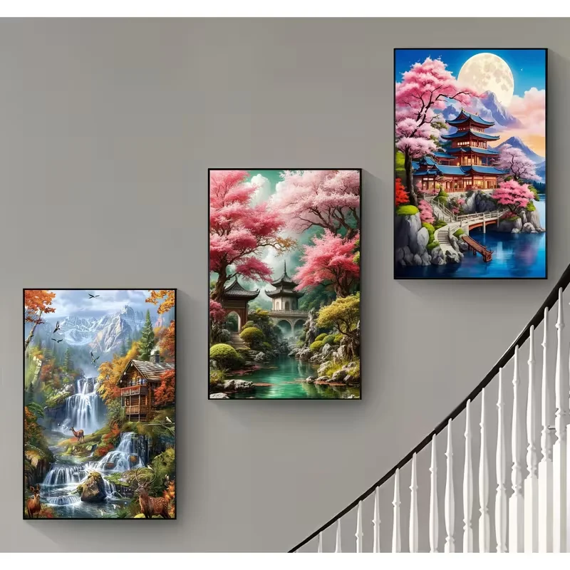 DIY Diamond Painting 3Pcs Frameless Pavilion Mountain Natural Scenery Triptych Full Drill Mosaic Diamond Embroidery Cross Stitch