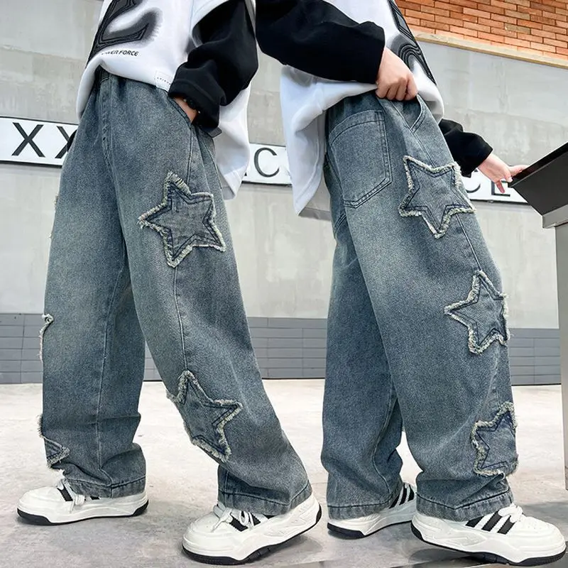 

New 2026 Boys Fashion Star Pattern Jeans Long Trousers Children Casual Loose Straight Denim Pants Teens Spring Autumn Clothing