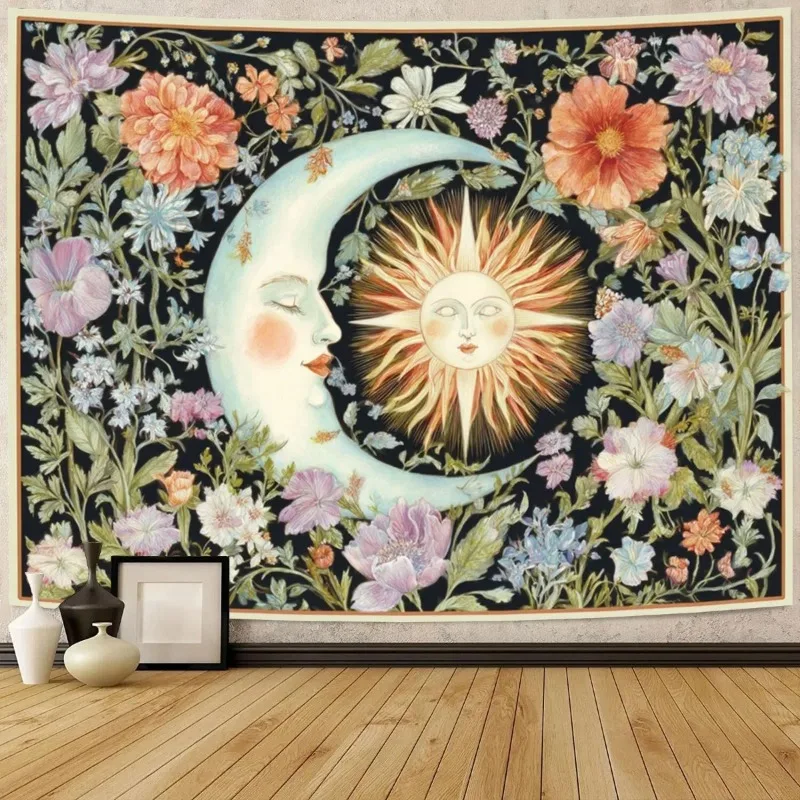 Gran Bohemio Sol y Luna para Colgar en la Pared - Arte Mandala Yin-Yang con Fases Sol/Luna y Diseño Floral Boho, Fon