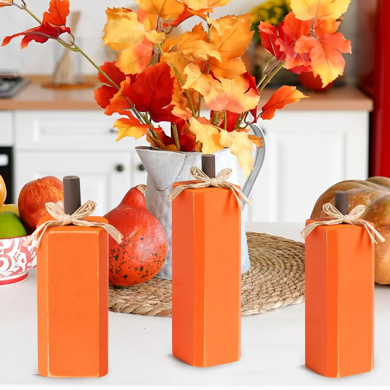 Wooden Pumpkins Halloween Decoration 3pcs Farmhouse Tabletop Autumn Thanksgiving Fall Rustic Party Home Wood Standing Block Set