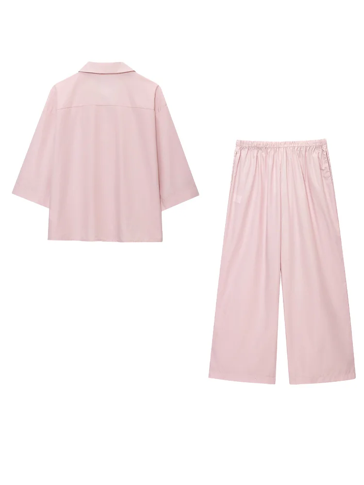 HH Women 2-Piece Set Single-breasted Short Sleeve Turn-down Collar Shirt+Drawstring Elastic Waist Solid Autumn Wide-leg Pants